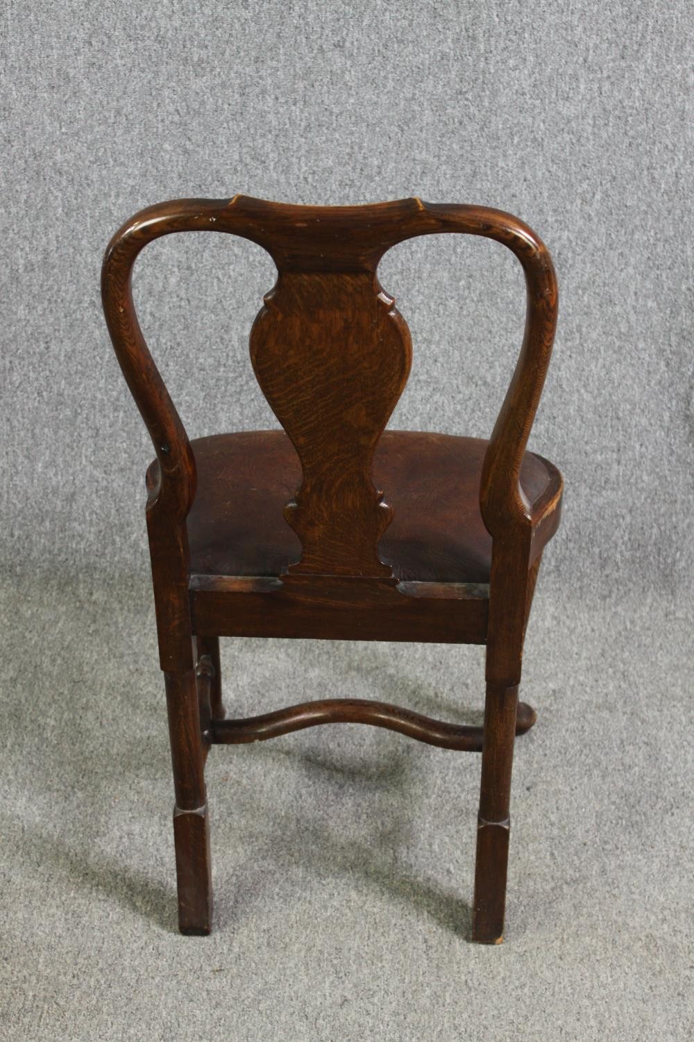 A set of four early 20th century oak George I style dining chairs with leather seats. (One stretcher - Image 6 of 7