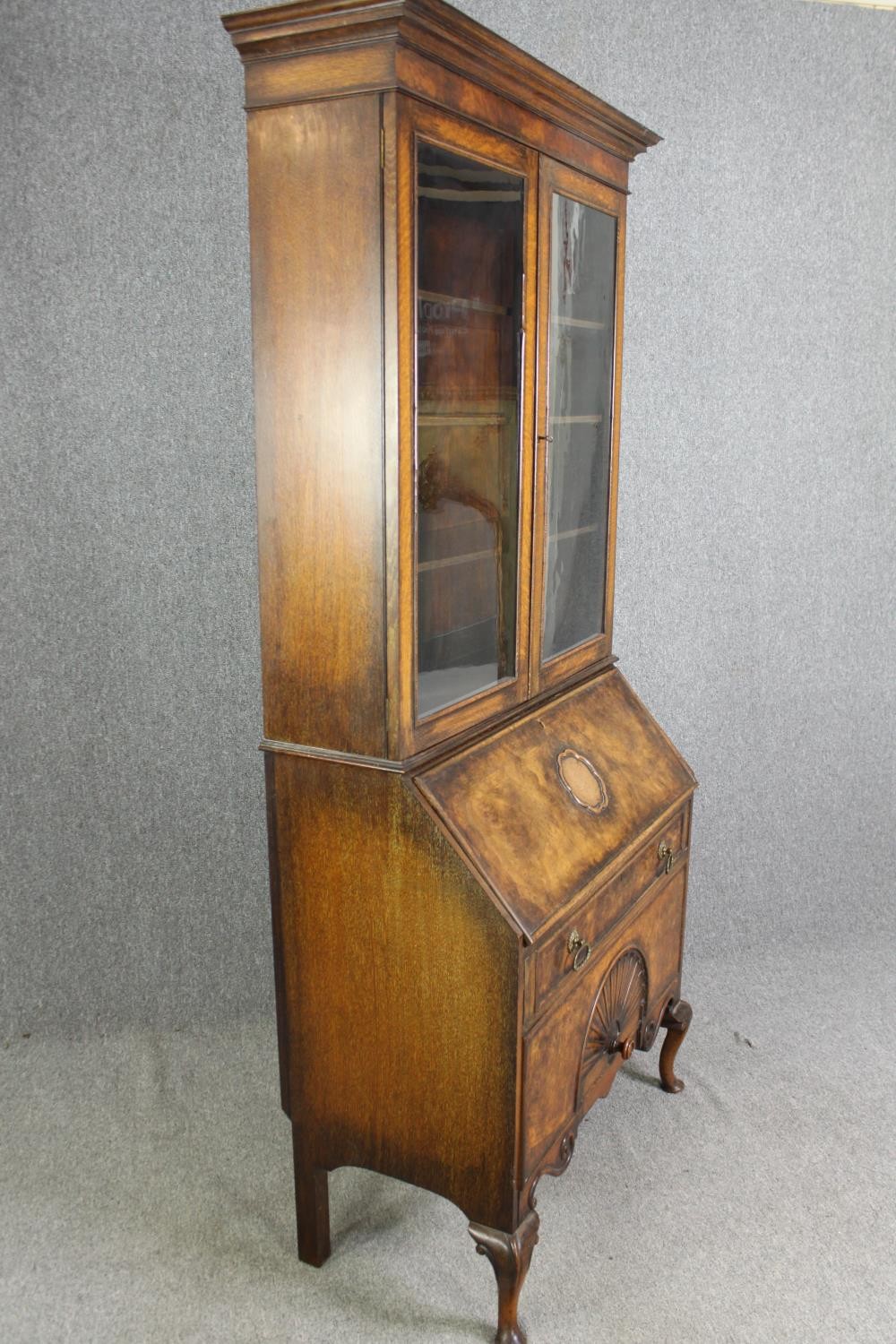 A Queen Anne style walnut and oak bureau bookcase, first quarter 20th century. H.214 W.92 D.50cm. - Image 2 of 12