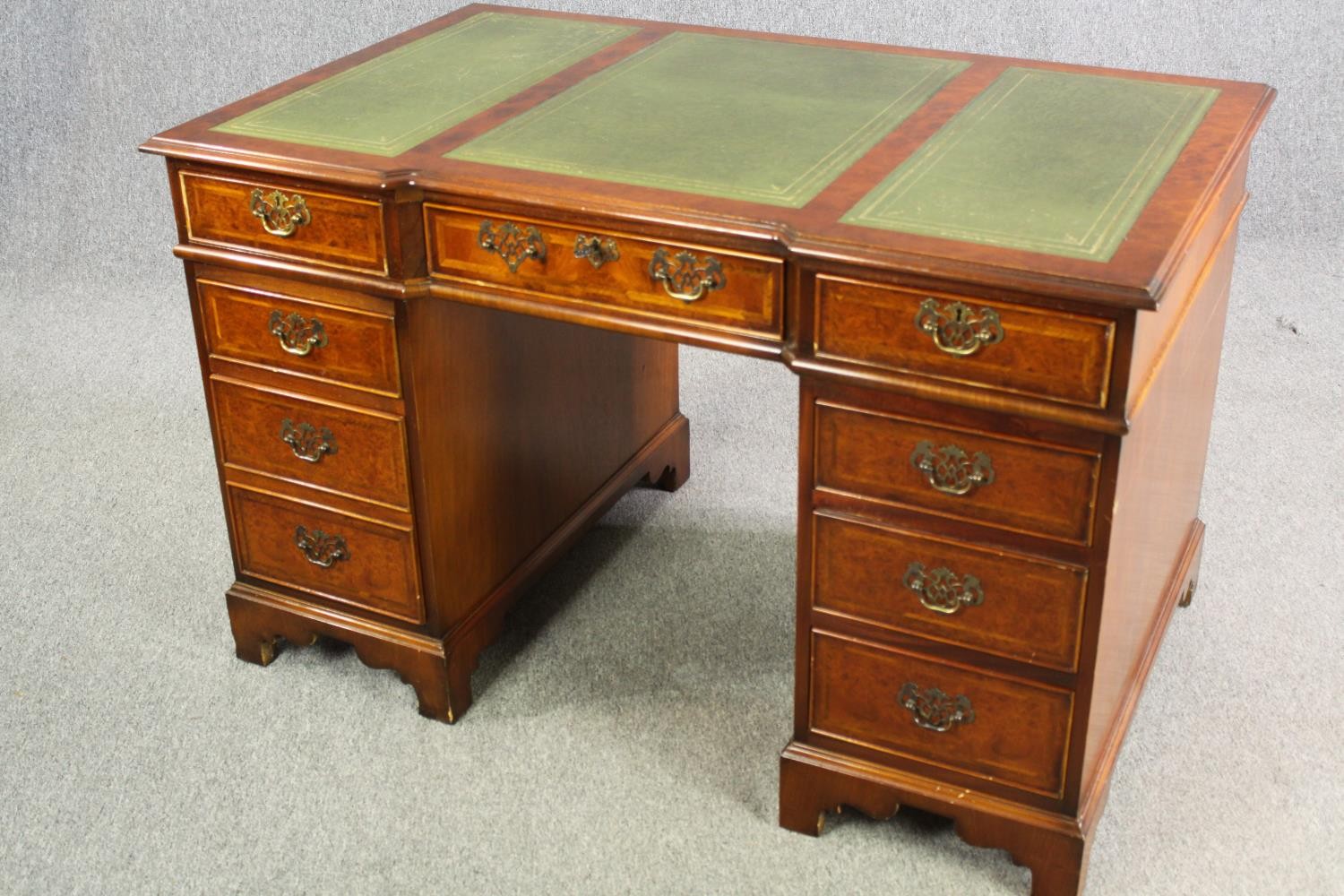 A burr walnut and satinwood inlaid Georgian style pedestal desk with inset leather top, 20th century - Image 4 of 9