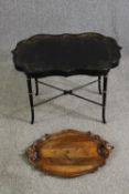 A Victorian papier mâché tray on later ebonized stand, along with a carved walnut tray. H.54 W.82