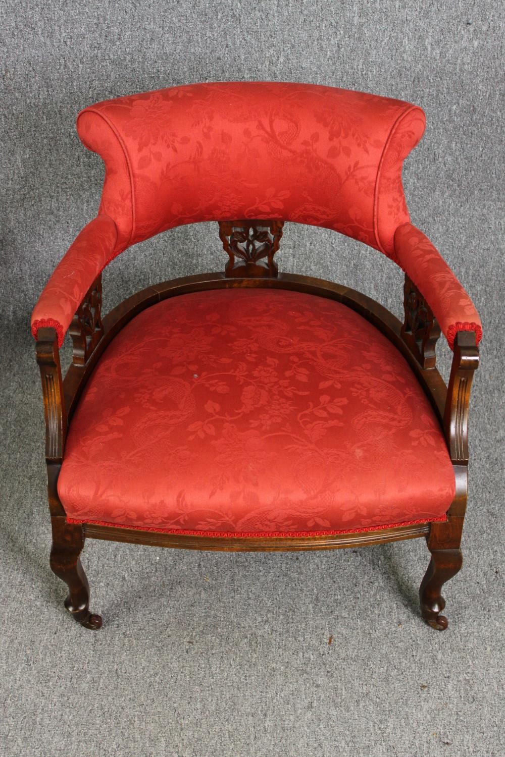 A pair of late Victorian walnut salon tub chairs, in red damask upholstery, H.74cm. (each). - Image 2 of 6