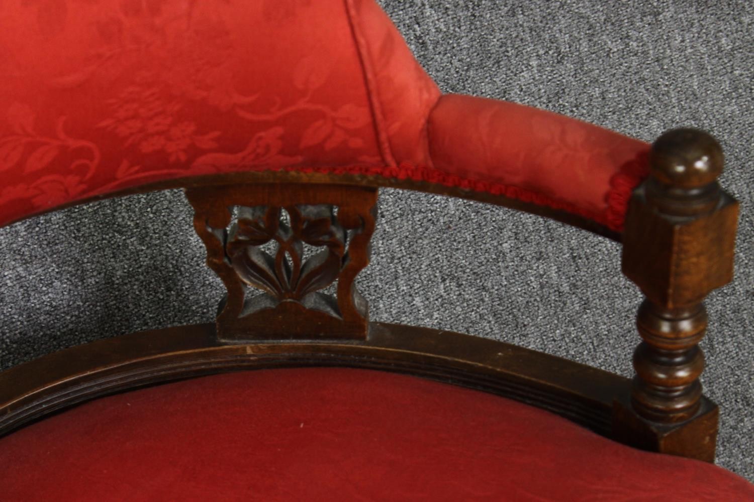A late Victorian carved walnut chaise longue, with red damask upholstery, H.78 W.180 D.53cm. - Image 7 of 7