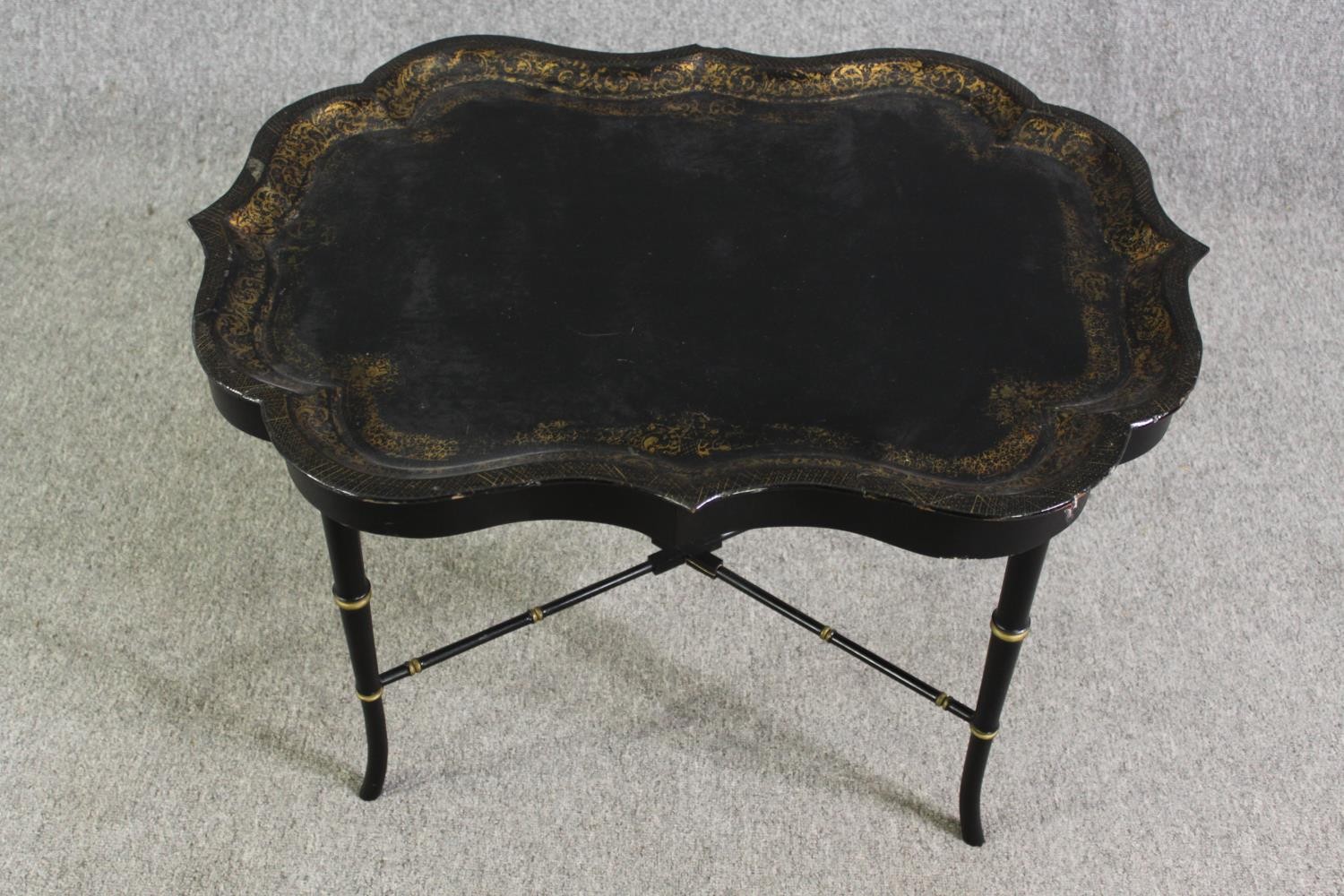 A Victorian papier mâché tray on later ebonized stand, along with a carved walnut tray. H.54 W.82 - Image 3 of 16