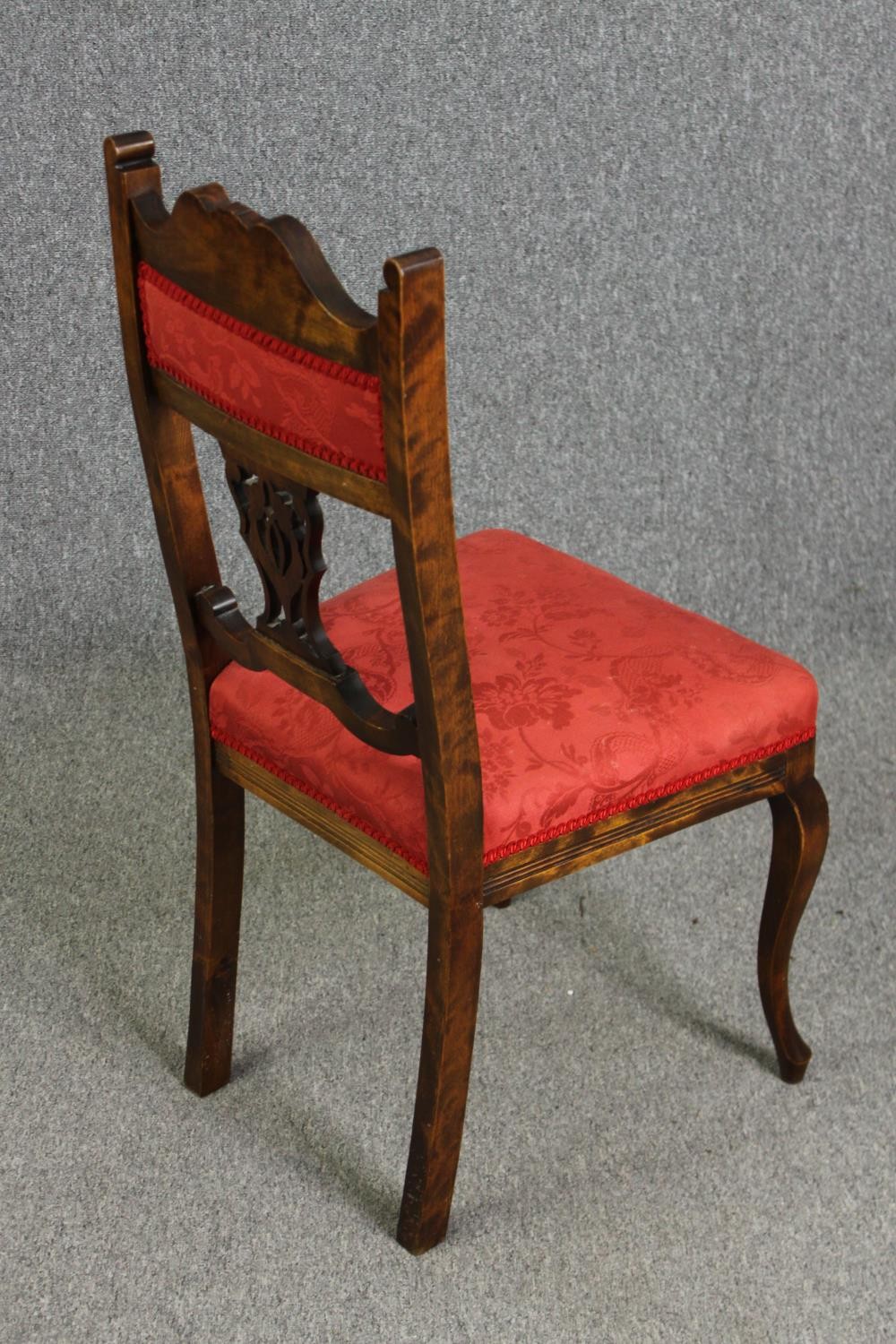 A set of four late Victorian walnut salon chairs in red damask upholstery - Image 4 of 6