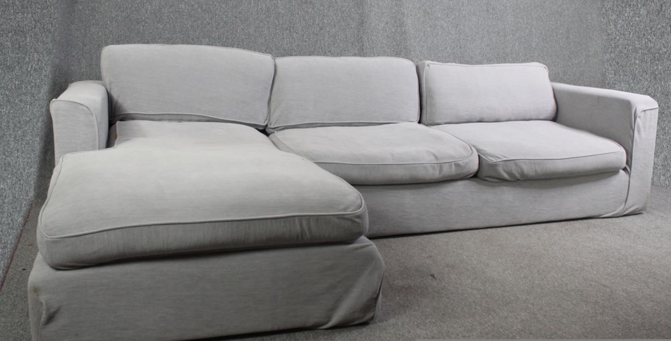A contemporary Plumbs light grey corner sofa and matching stool. H.78 W.290 D.175cm. - Image 3 of 7