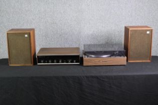 A vintage Pioneer turntable and amp, and a pair of Warfedale speakers. H.16 W.43 D.34cm. (largest).