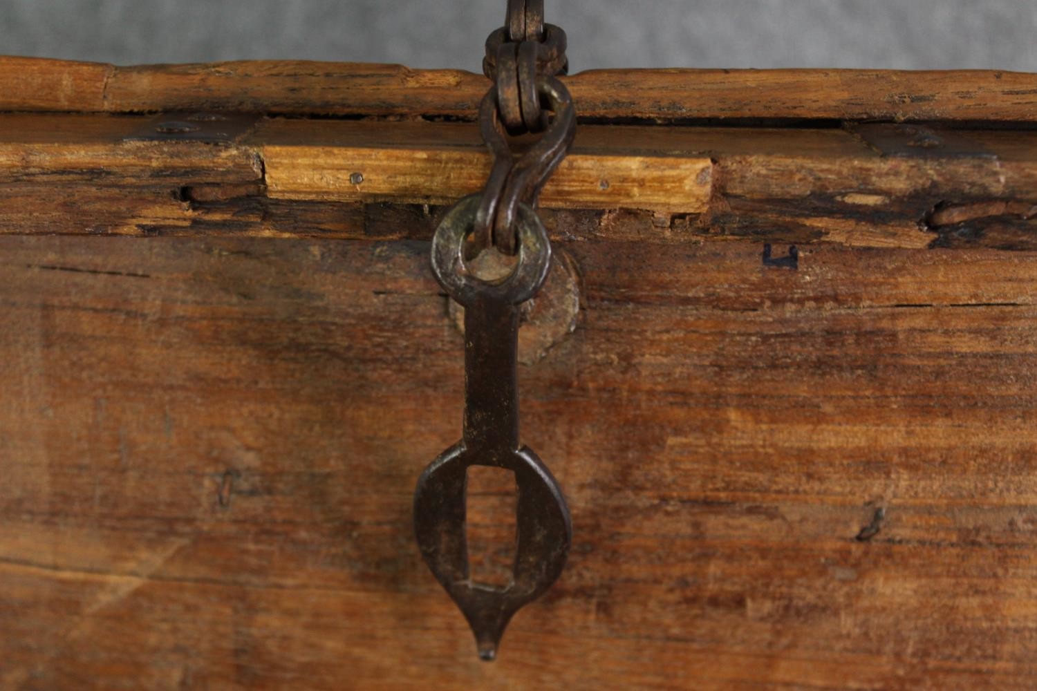 A continental pitch pine and metal bound lidded chest, probably 19th century, H.70 W.110 D.60cm. - Image 7 of 12