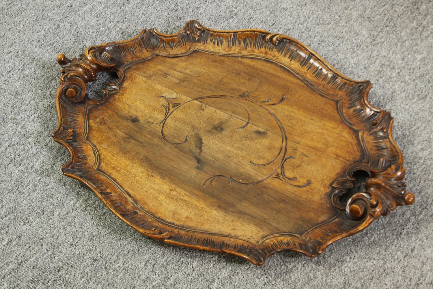 A Victorian papier mâché tray on later ebonized stand, along with a carved walnut tray. H.54 W.82 - Image 14 of 16