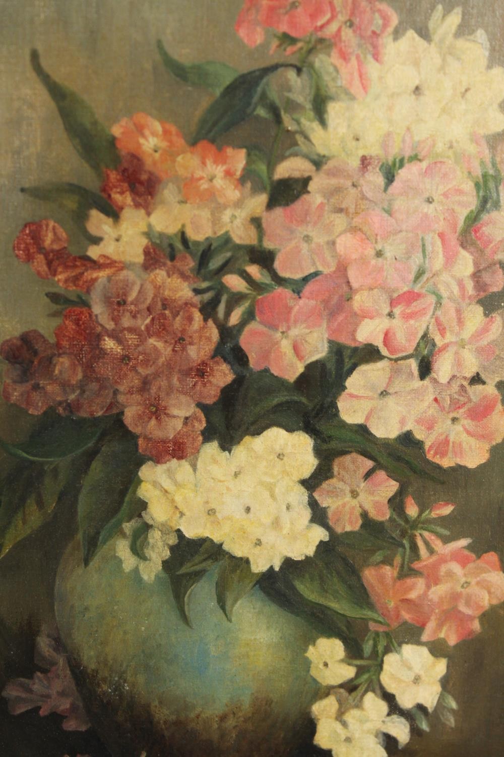 Doris E Young, a pair of still lifes of flowers, oil on board, signed. H.47 W.32cm. (each). - Image 2 of 6
