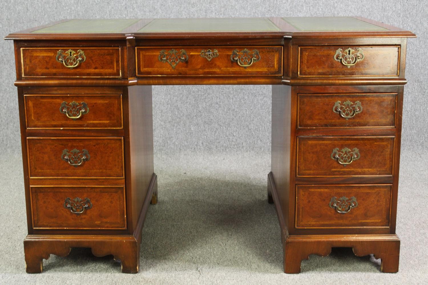 A burr walnut and satinwood inlaid Georgian style pedestal desk with inset leather top, 20th century - Image 2 of 9