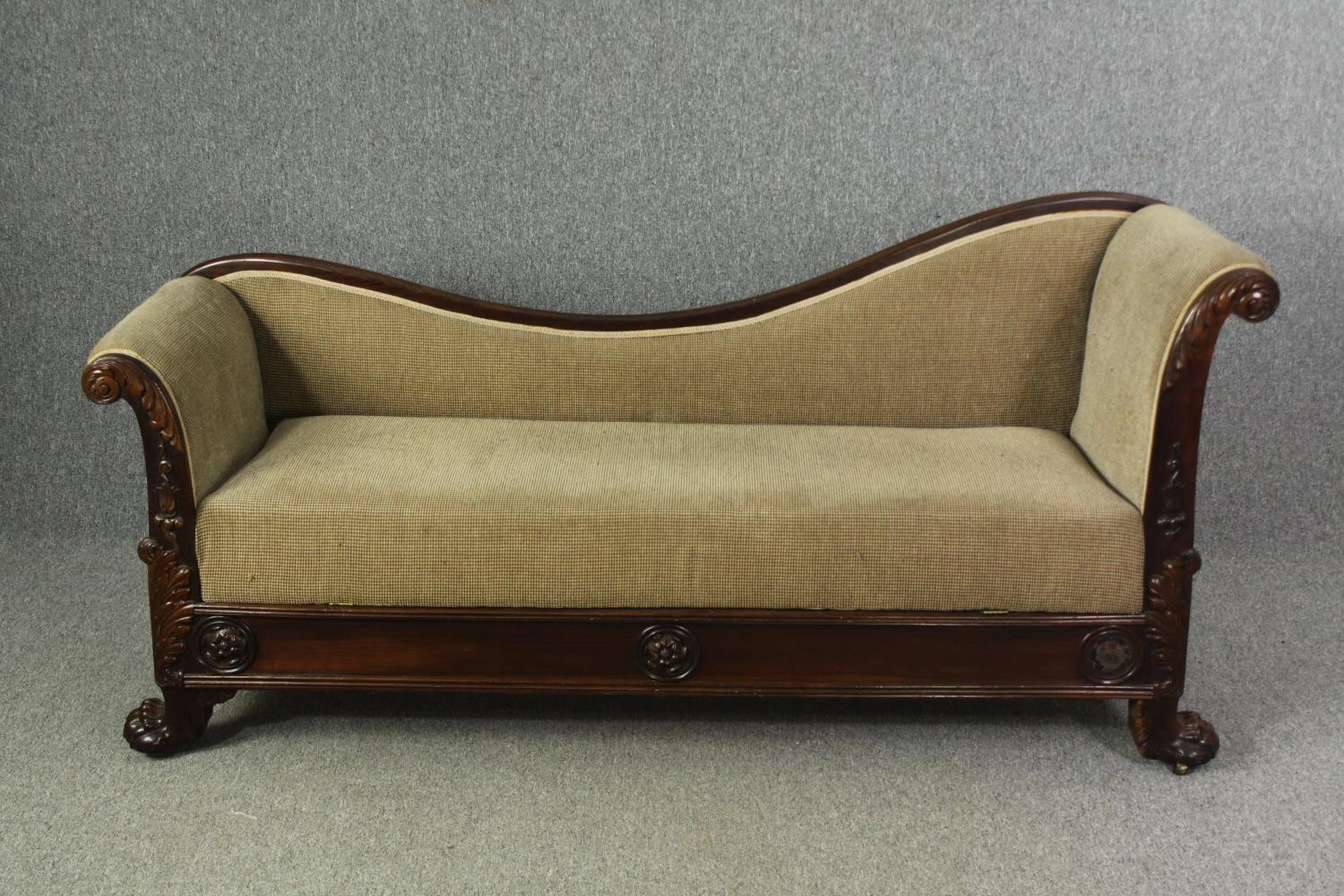 A Victorian style mahogany chaise longue, H.87 W.180 D.61cm.