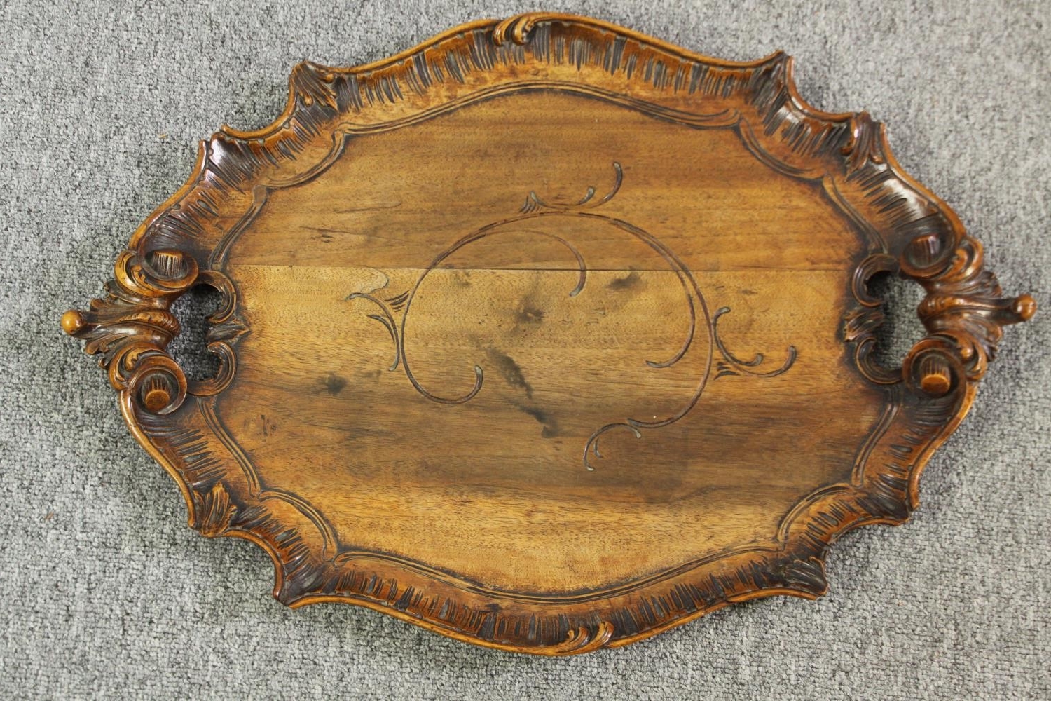 A Victorian papier mâché tray on later ebonized stand, along with a carved walnut tray. H.54 W.82 - Image 11 of 16