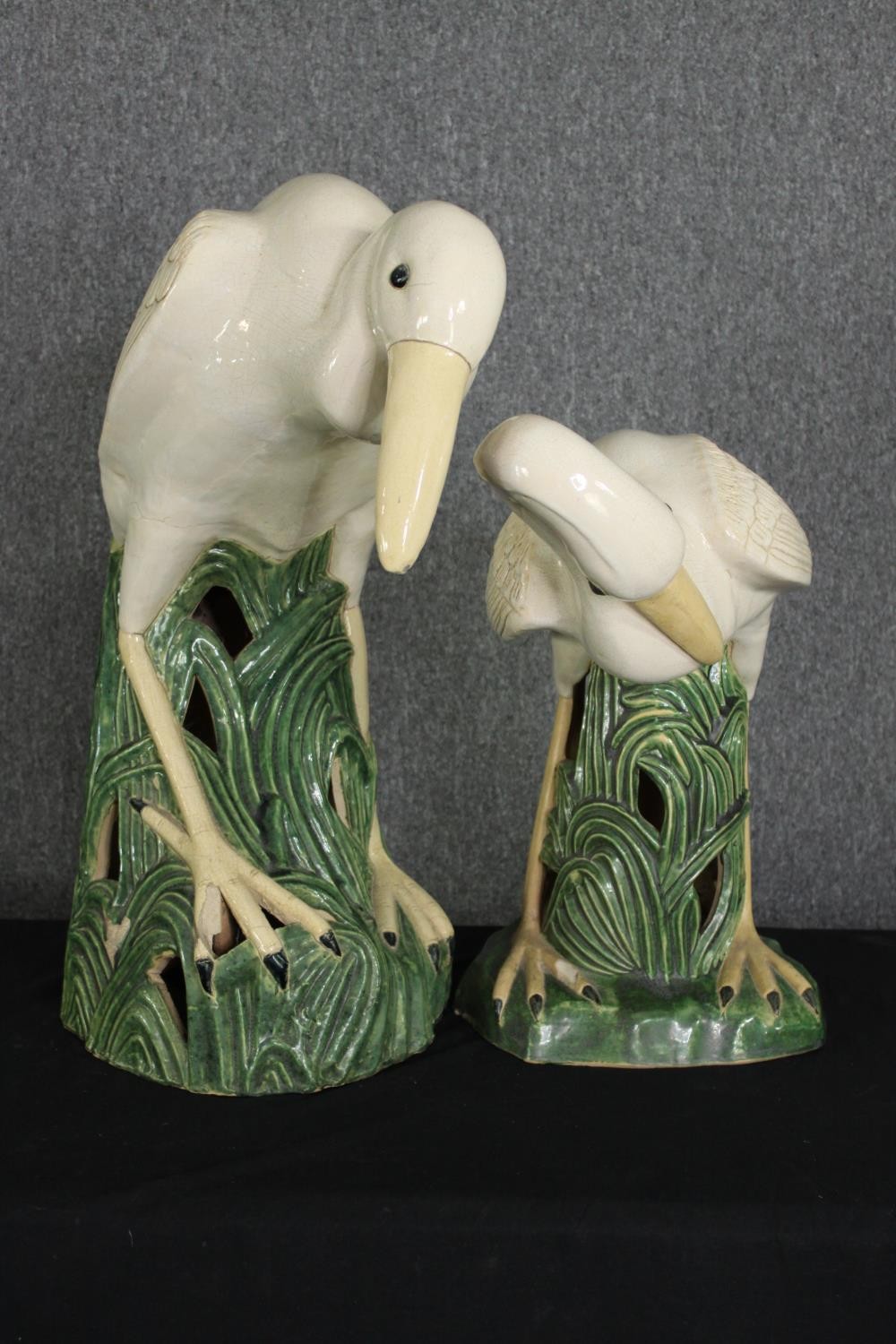 A pair of glazed earthenware wading birds, modern, H.64cm. (largest). - Image 10 of 12