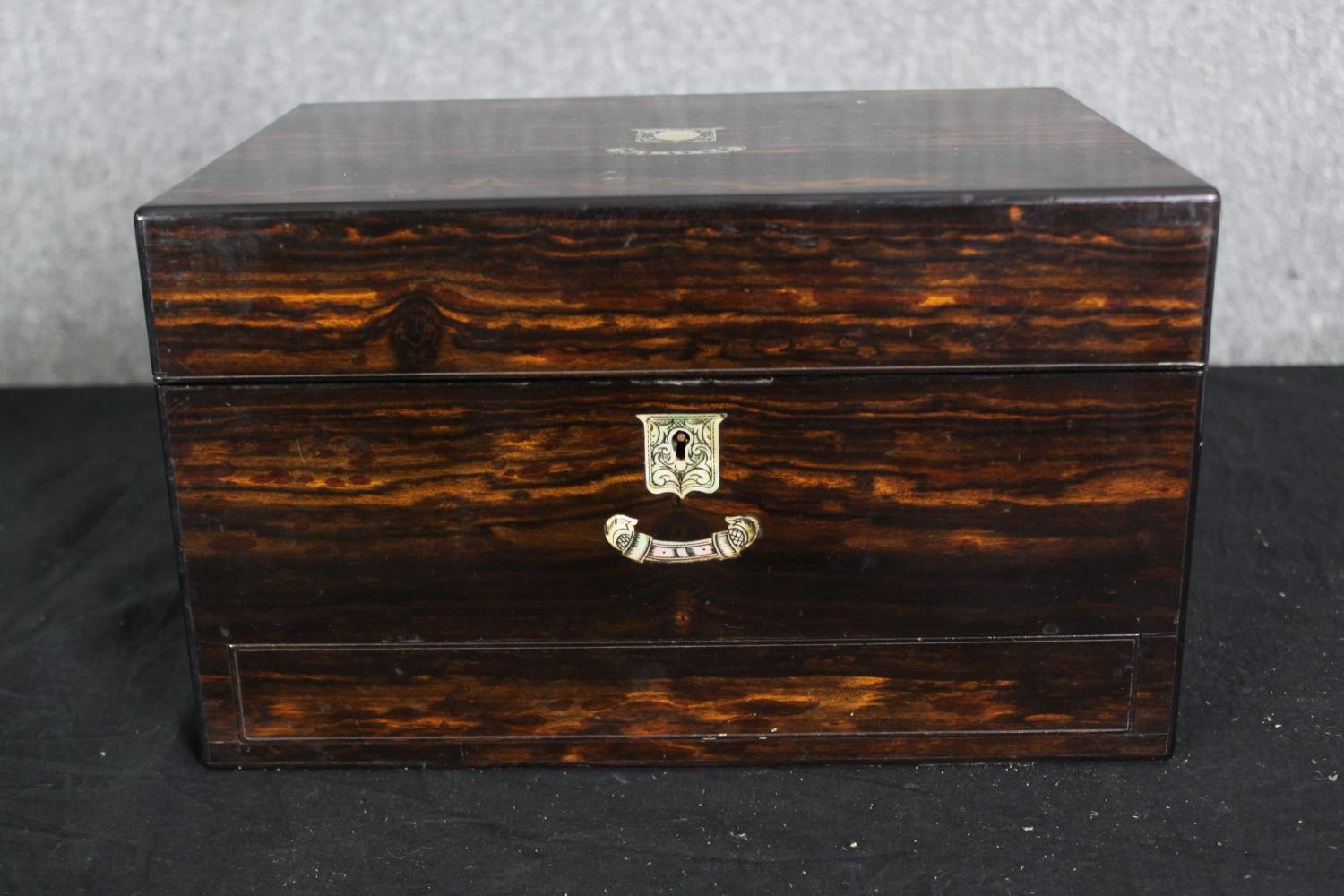 A Victorian coromandel travelling vanity box, with associated silver and glass fitted interior, H.18 - Image 2 of 15