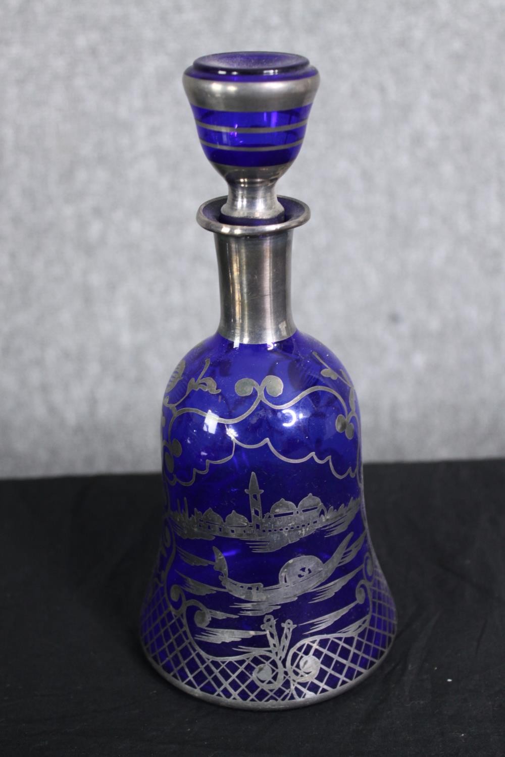 A collection of cobalt Bohemian glass, including a silvered blue decanter and shot glass with - Image 3 of 8