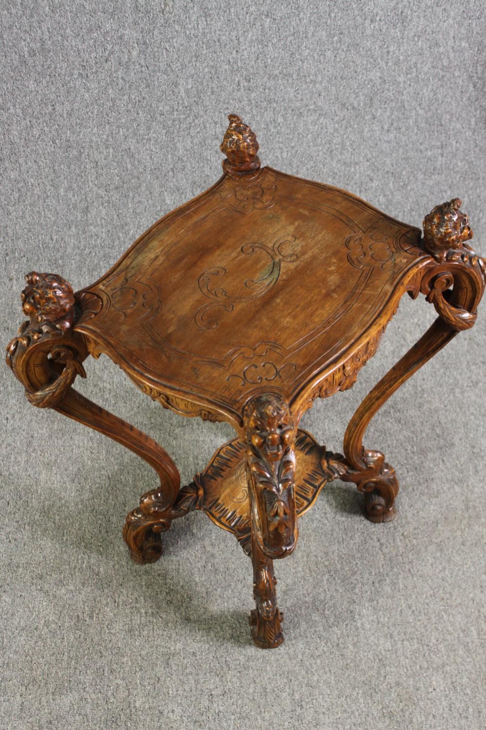 A French Rococo style carved walnut side table on mask carved cabriole supports, 19th century. H. - Image 4 of 9