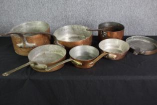 Various antique copper cooking pots and pans. H.16 Dia.30cm. (largest).