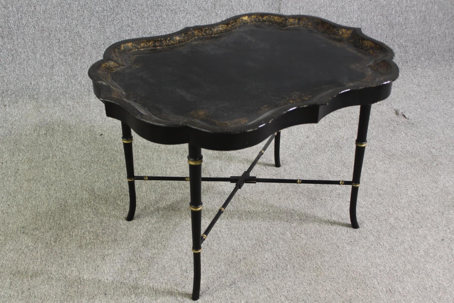 A Victorian papier mâché tray on later ebonized stand, along with a carved walnut tray. H.54 W.82 - Image 4 of 16