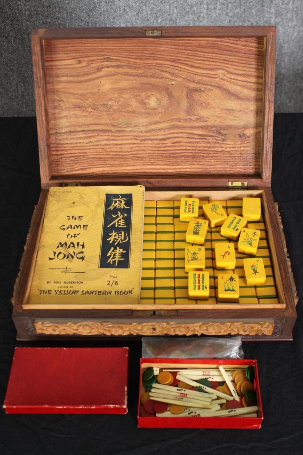 A Mah Jong set in a carved wooden case, with instructions, H.7 W.30 D.20cm. - Image 2 of 7