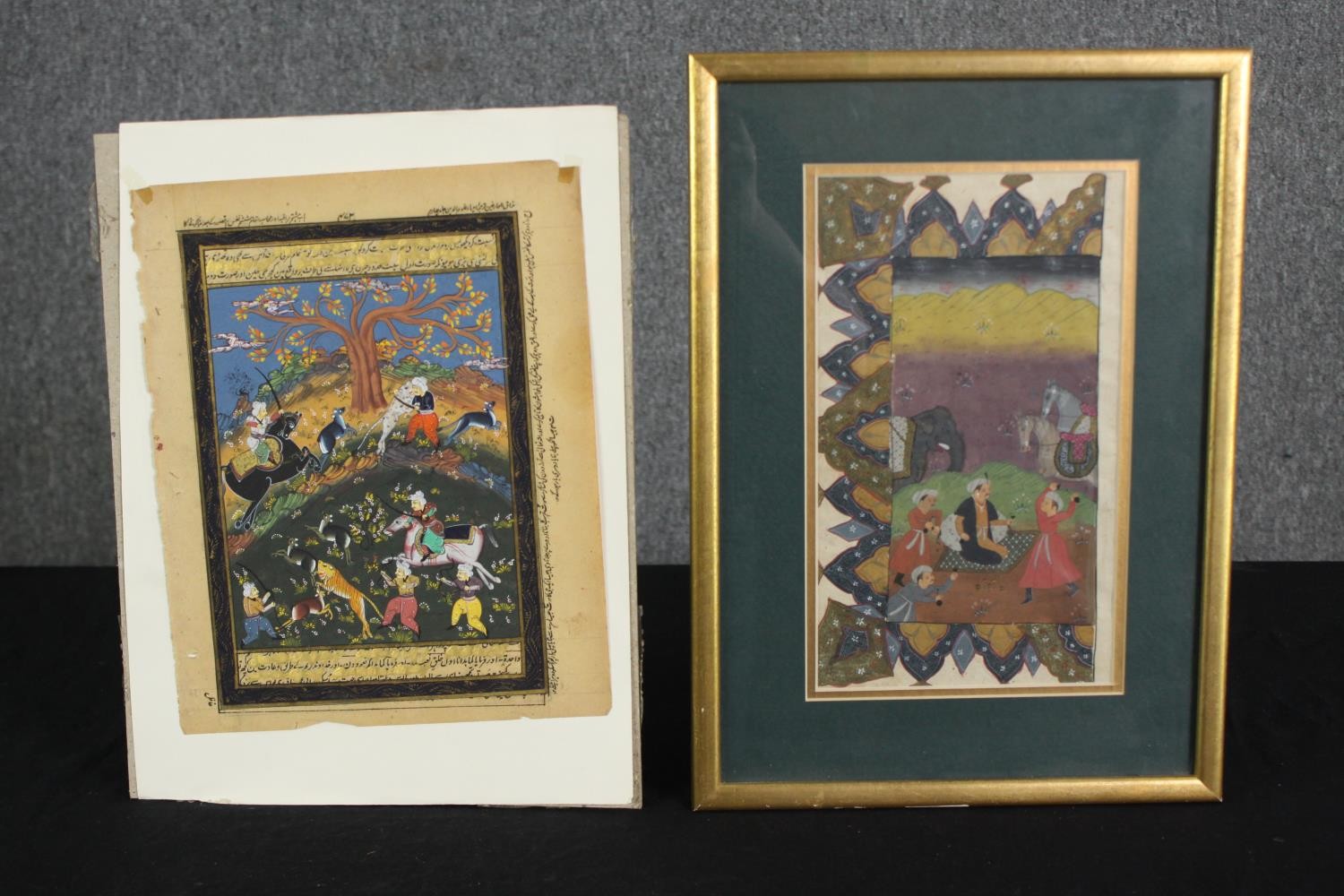 Two Indian Mughal paintings, one depicting a hunt, the other with courtiers, the largest in a glazed