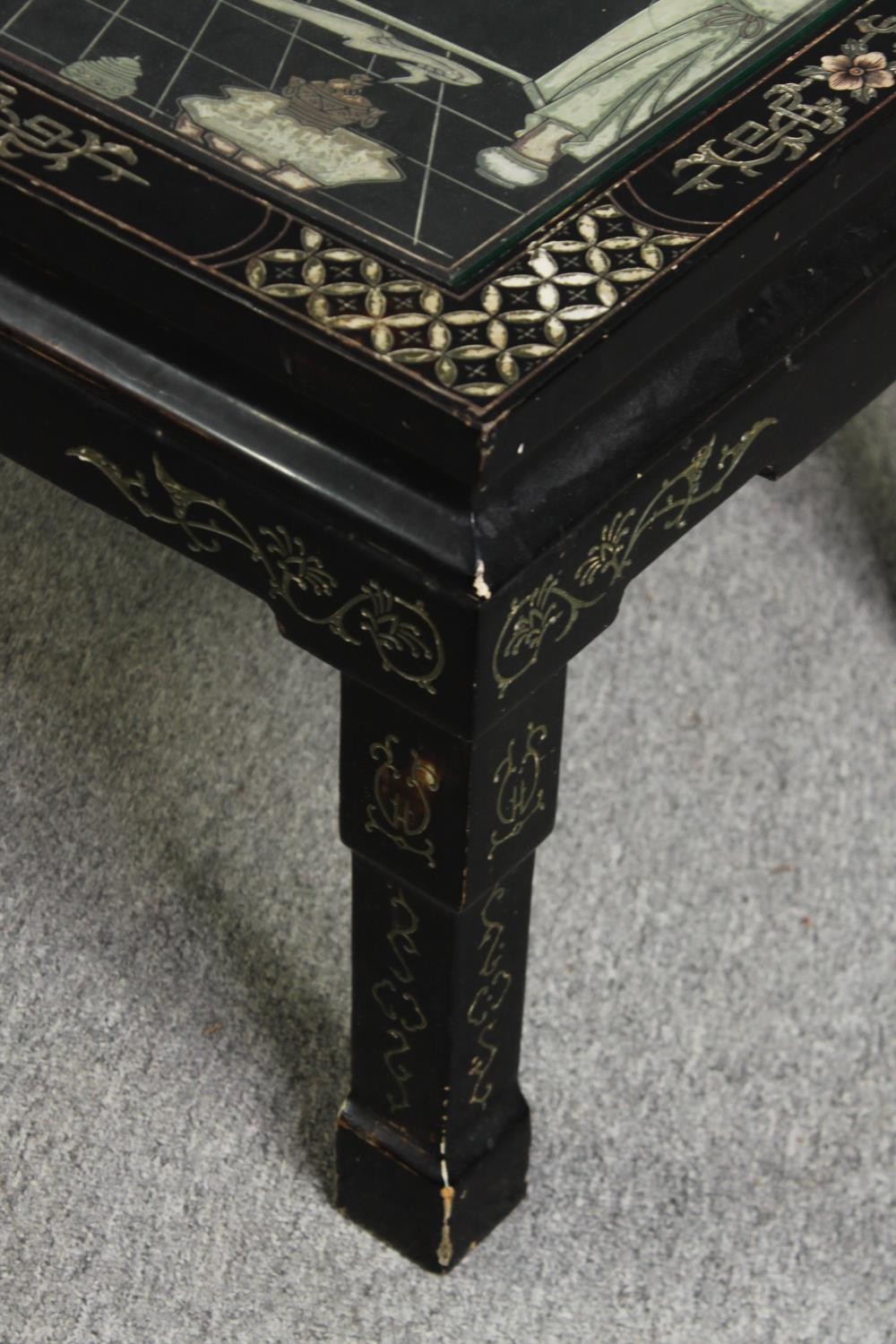 A 1920's Chinese style simulated lacquer and inlaid coffee table, H.46 W.102 D.51cm. - Image 5 of 12