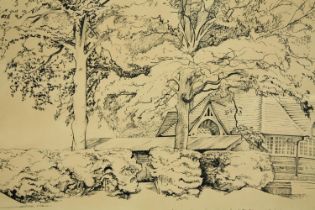 Ink drawing, a house amongst trees, signed, dated and titled, framed and glazed. H.49 W.86cm.