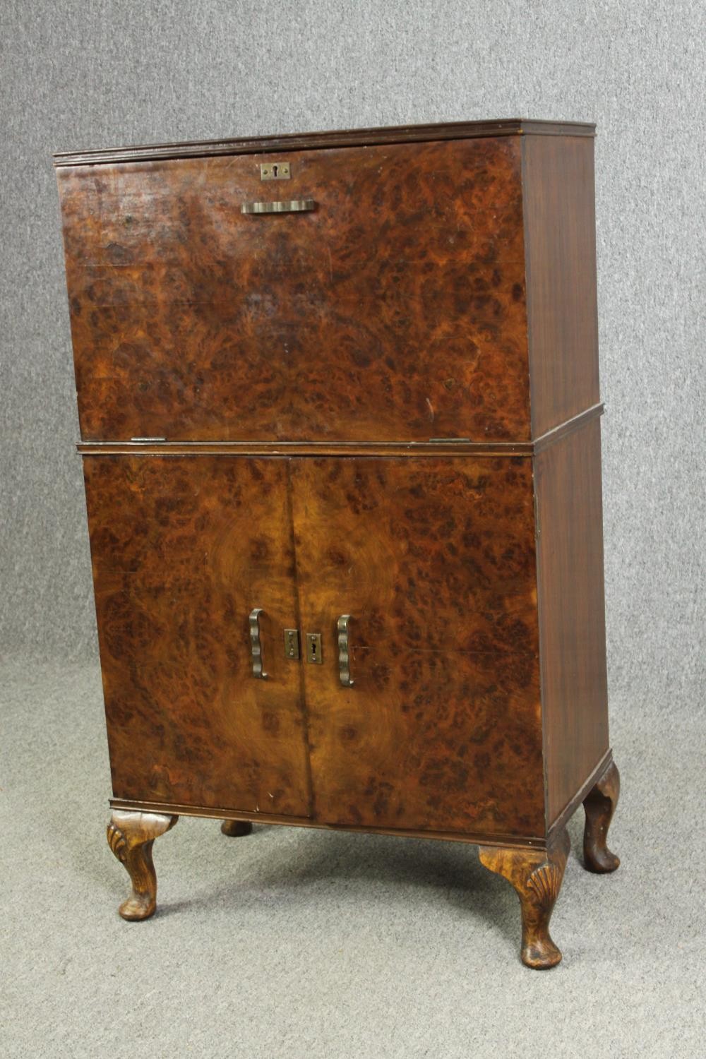 An Art Deco burr walnut cocktail cabinet, circa 1930, enclosing various cut drinking glasses and a - Image 4 of 12