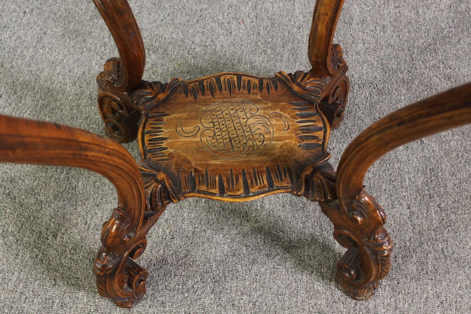 A French Rococo style carved walnut side table on mask carved cabriole supports, 19th century. H. - Image 6 of 9