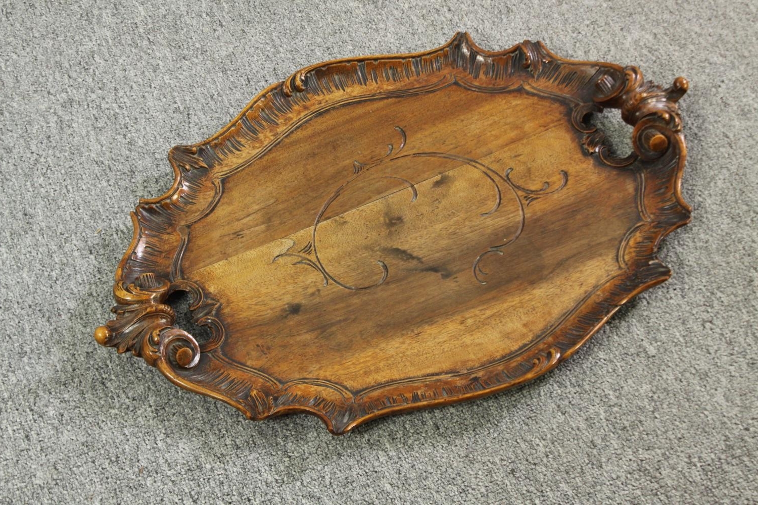 A Victorian papier mâché tray on later ebonized stand, along with a carved walnut tray. H.54 W.82 - Image 13 of 16