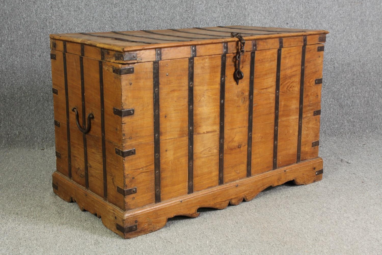 A continental pitch pine and metal bound lidded chest, probably 19th century, H.70 W.110 D.60cm. - Image 3 of 12