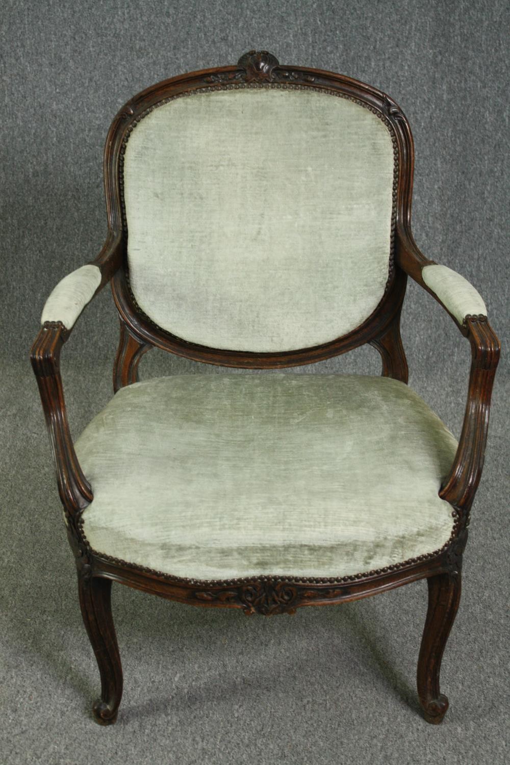 Armchairs, a pair, 19th century carved mahogany fauteuil on cabriole supports. - Image 2 of 12