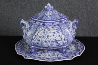 A Portugese blue and white ceramic terrine, L.47 W.48cm. (largest)