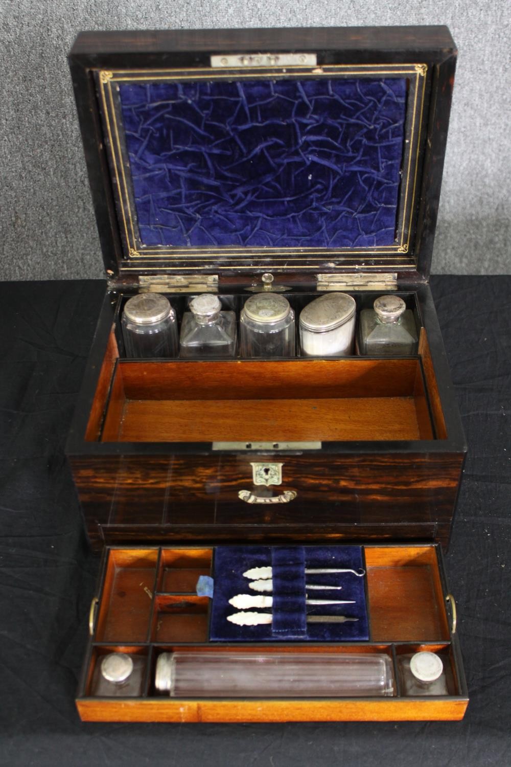 A Victorian coromandel travelling vanity box, with associated silver and glass fitted interior, H.18 - Image 7 of 15