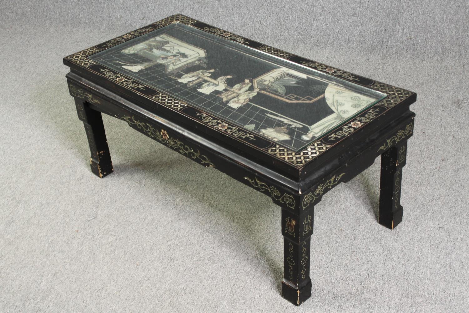 A 1920's Chinese style simulated lacquer and inlaid coffee table, H.46 W.102 D.51cm. - Image 4 of 12