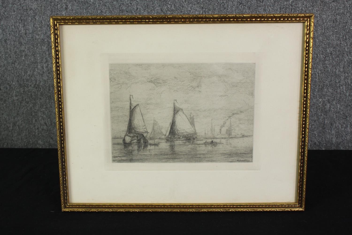 A framed and glazed etching depicting sailing boats, signed Sayberg? H.29 W.37cm. - Image 2 of 4