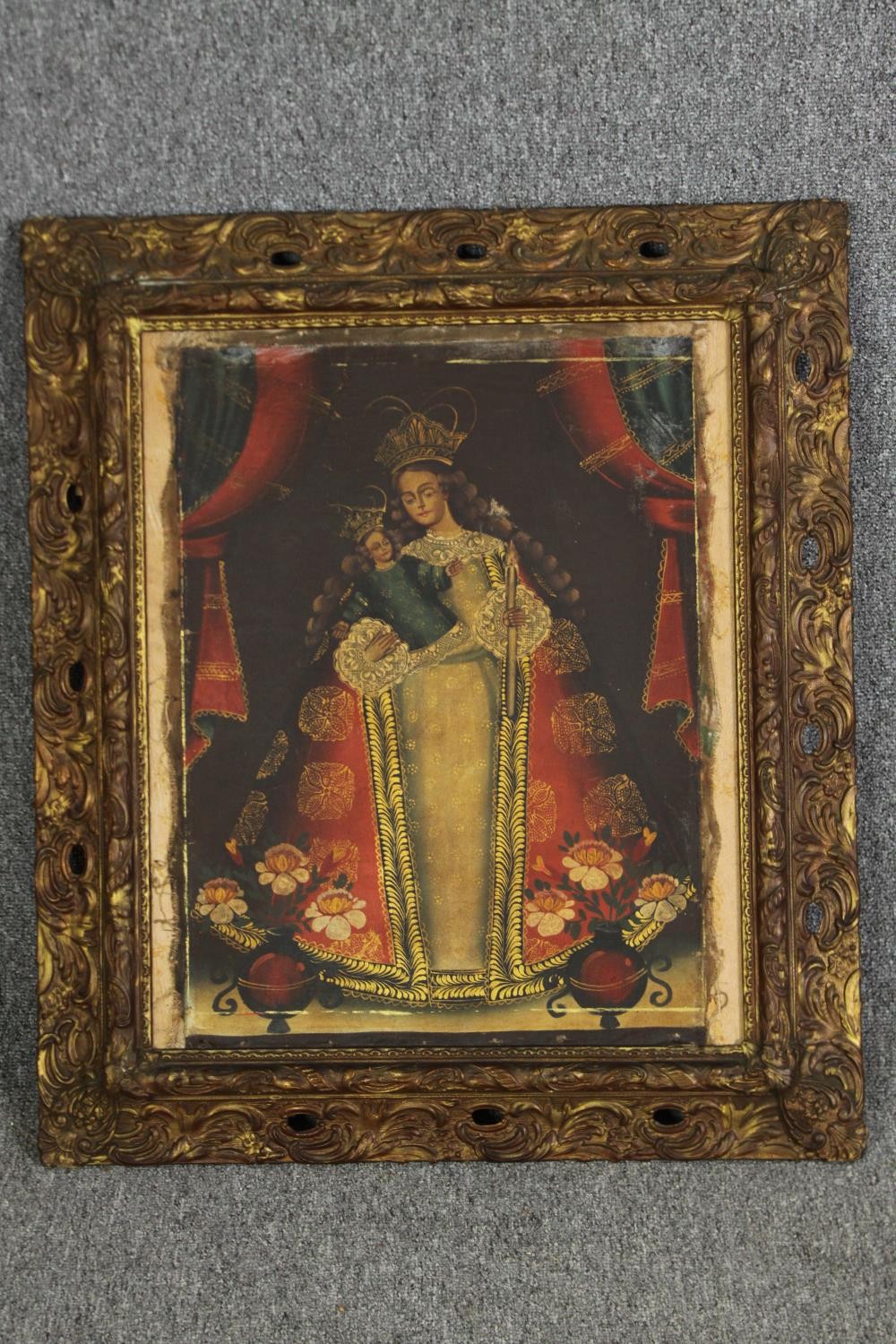 Cusco school, early 20th century, Oil on canvas on board, portrait of the Virgin Mary and child. - Image 2 of 4