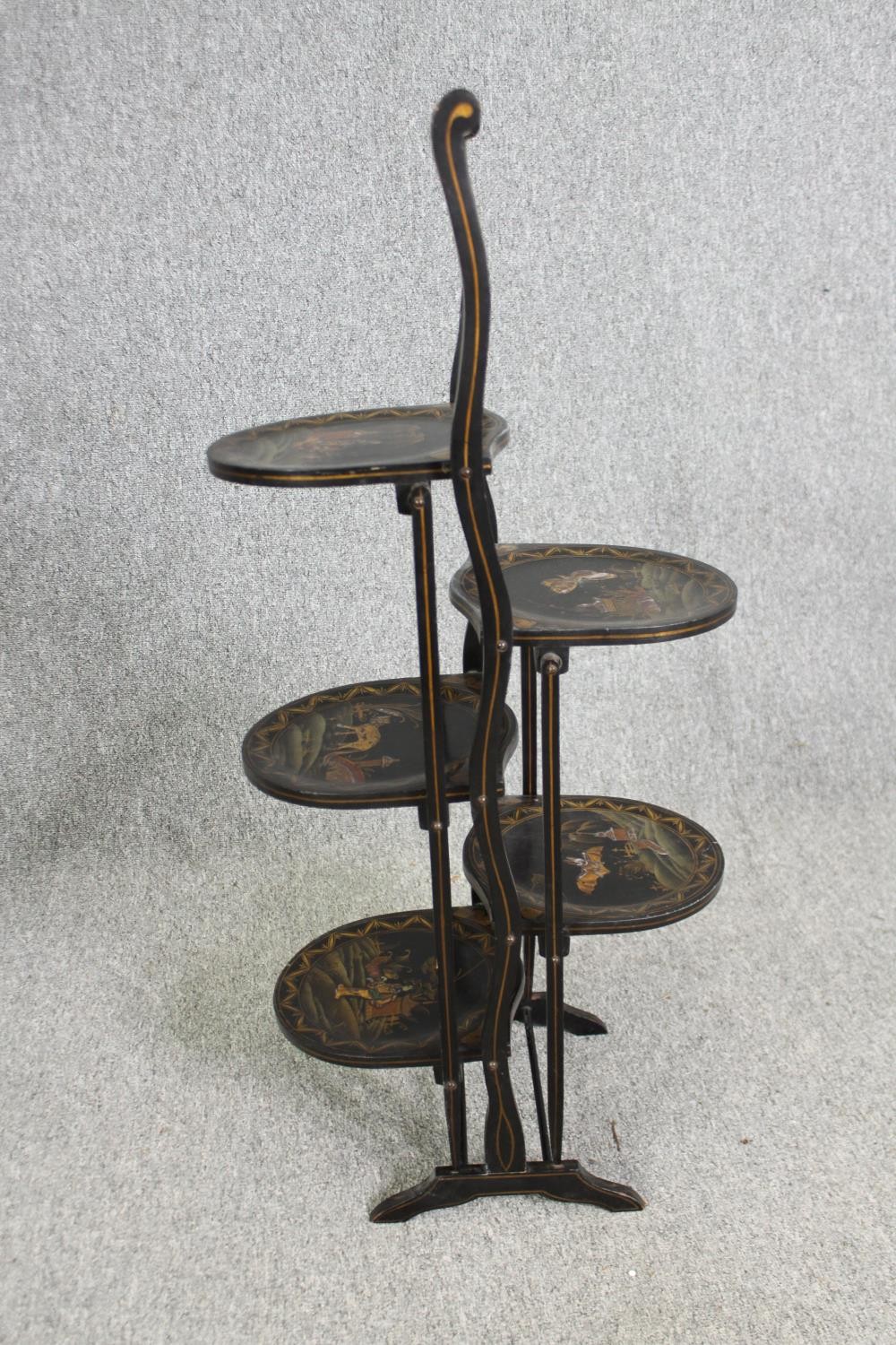 Two folding cakestands, one in oak, the other Chinoiserie lacquered, H.89cm. (each). - Image 6 of 11