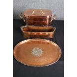A collection of three antique copper items to include a hammered engraved tray. L.39 W.29cm. (