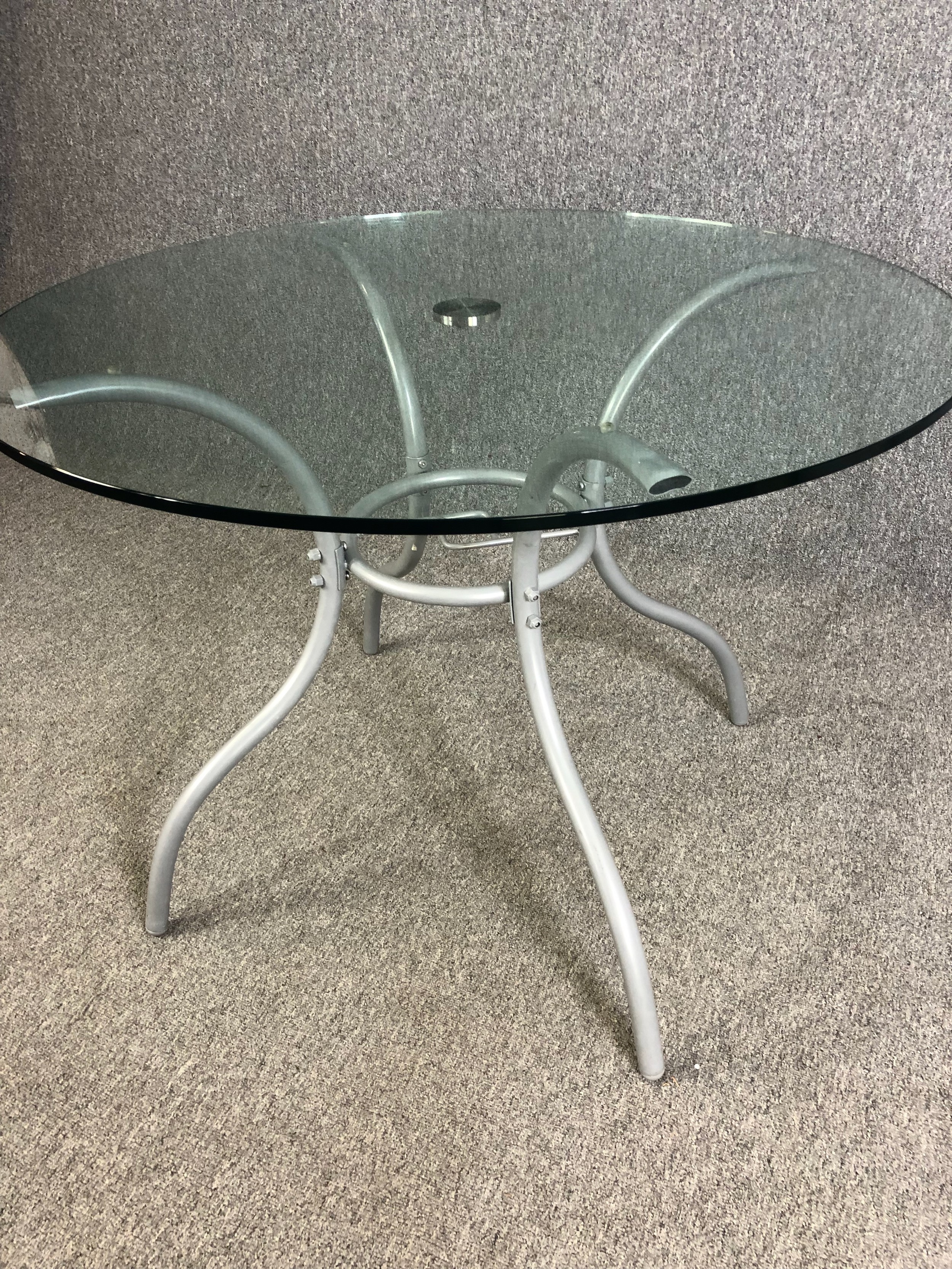 A contemporary glass and metal occasional table. H.72 Dia.100cm. (Associated pieces, top not - Image 4 of 6