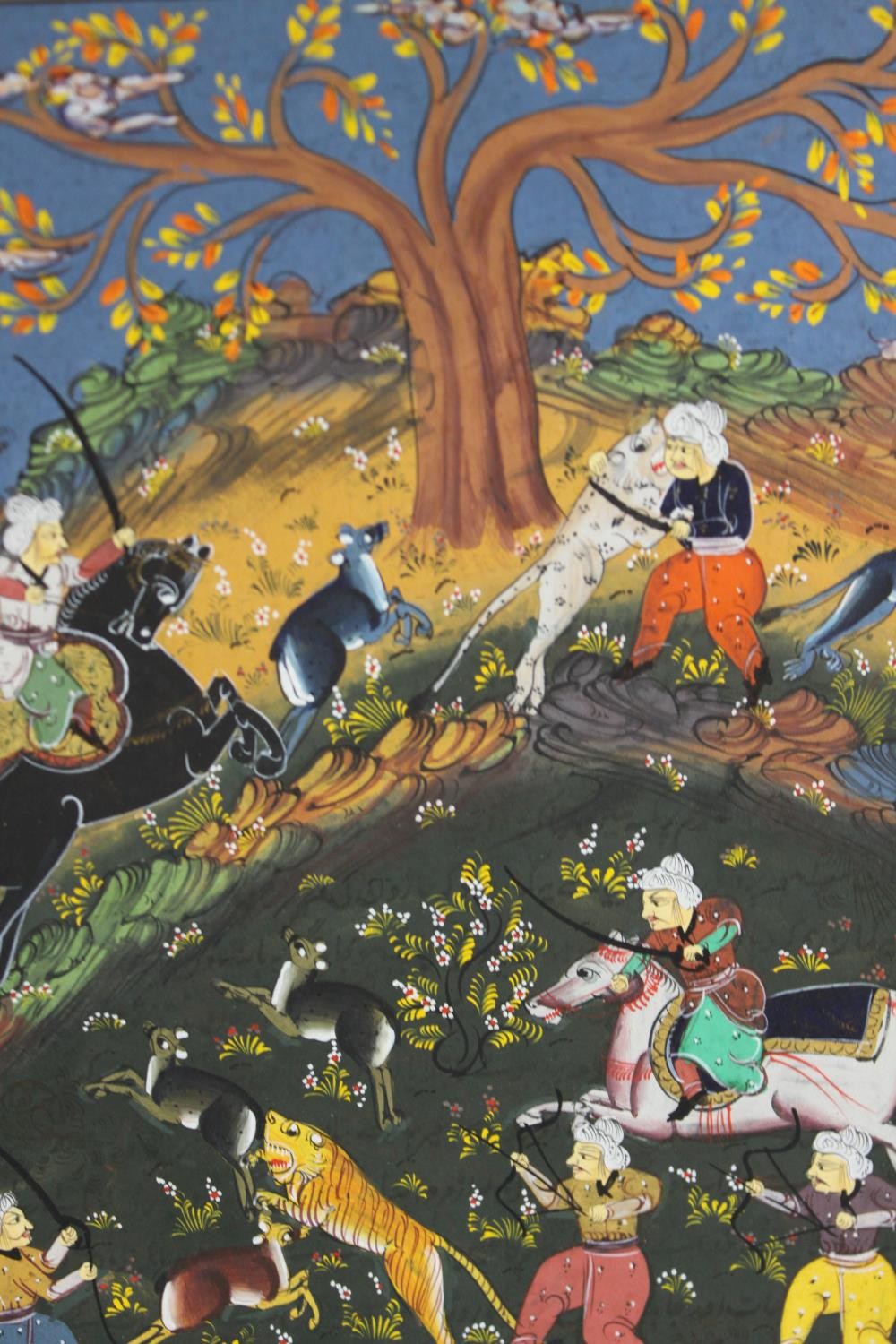 Two Indian Mughal paintings, one depicting a hunt, the other with courtiers, the largest in a glazed - Image 2 of 4