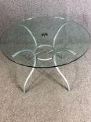 A contemporary glass and metal occasional table. H.72 Dia.100cm. (Associated pieces, top not