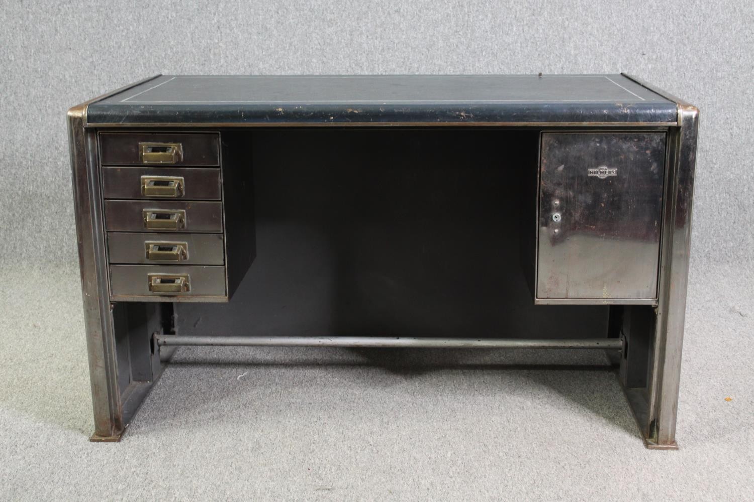 An industrial steel and leather desk by Harvey Milner, H.72 W.121 D.62cm. - Image 4 of 11
