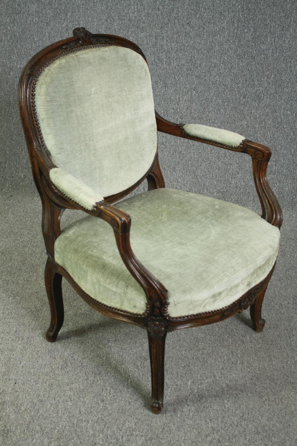 Armchairs, a pair, 19th century carved mahogany fauteuil on cabriole supports. - Image 4 of 12