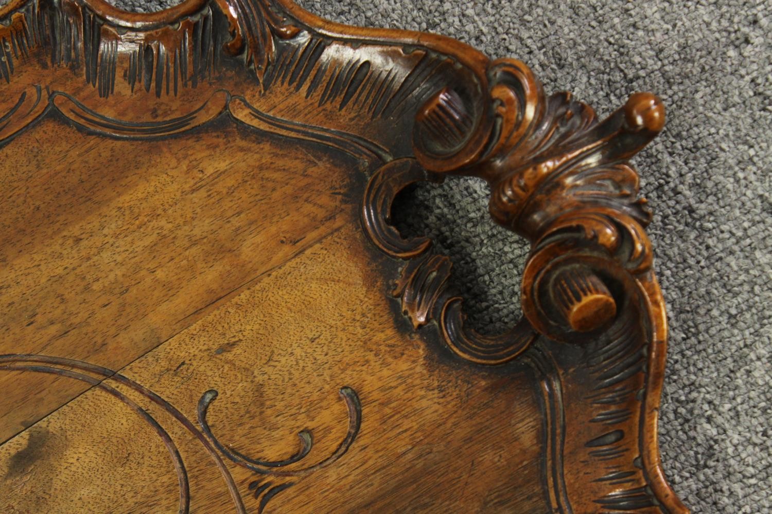 A Victorian papier mâché tray on later ebonized stand, along with a carved walnut tray. H.54 W.82 - Image 15 of 16