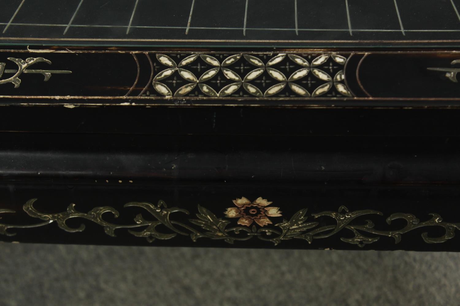 A 1920's Chinese style simulated lacquer and inlaid coffee table, H.46 W.102 D.51cm. - Image 6 of 12