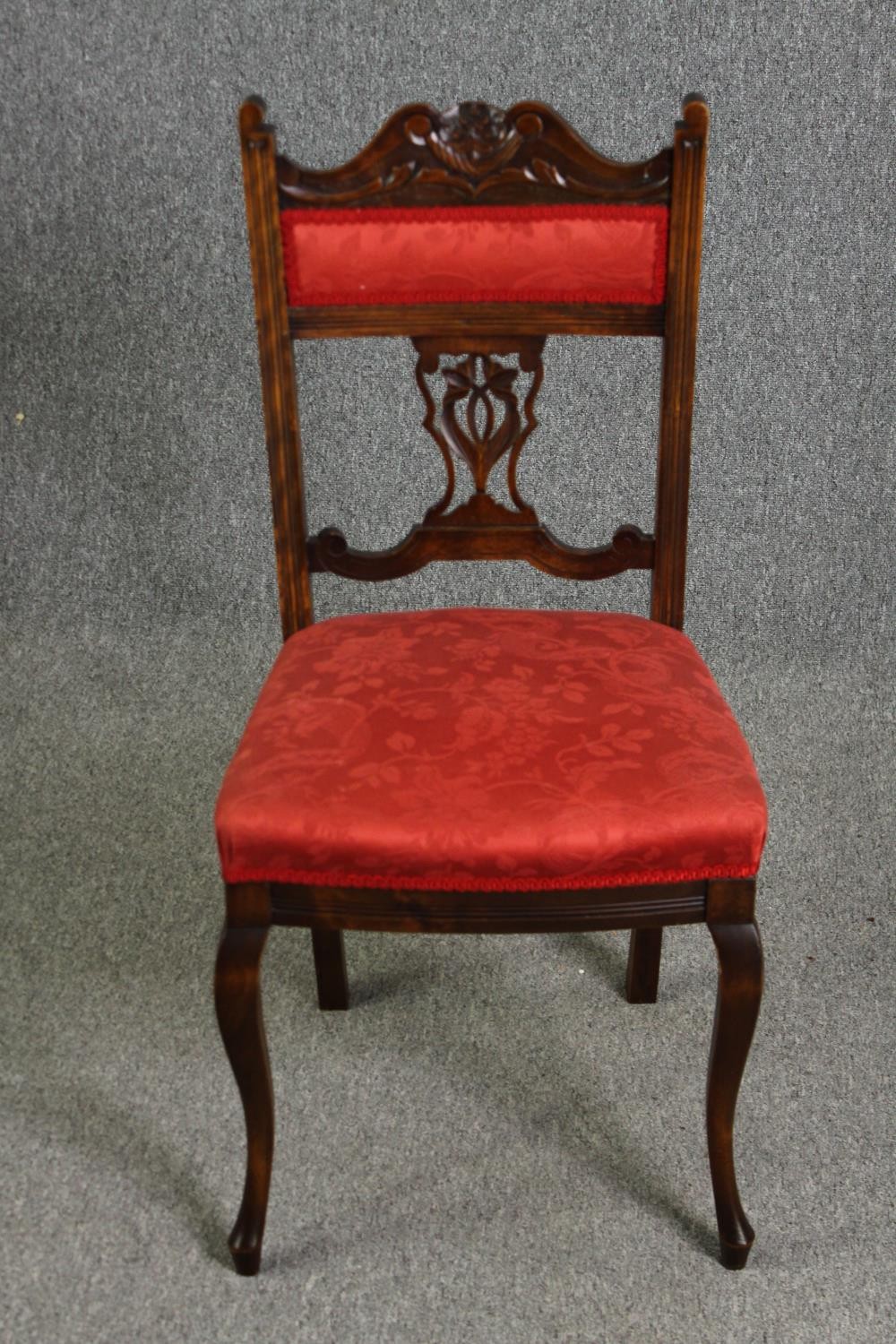 A set of four late Victorian walnut salon chairs in red damask upholstery - Image 2 of 6