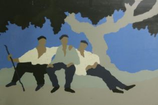 A framed and glazed limited edition lithograph, three men seated on a bench, signed and numbered,