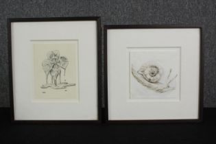 A framed and glazed etching of a snail along with a pencil drawing of a melting four leaf clover.