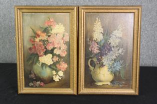 Doris E Young, a pair of still lifes of flowers, oil on board, signed. H.47 W.32cm. (each).