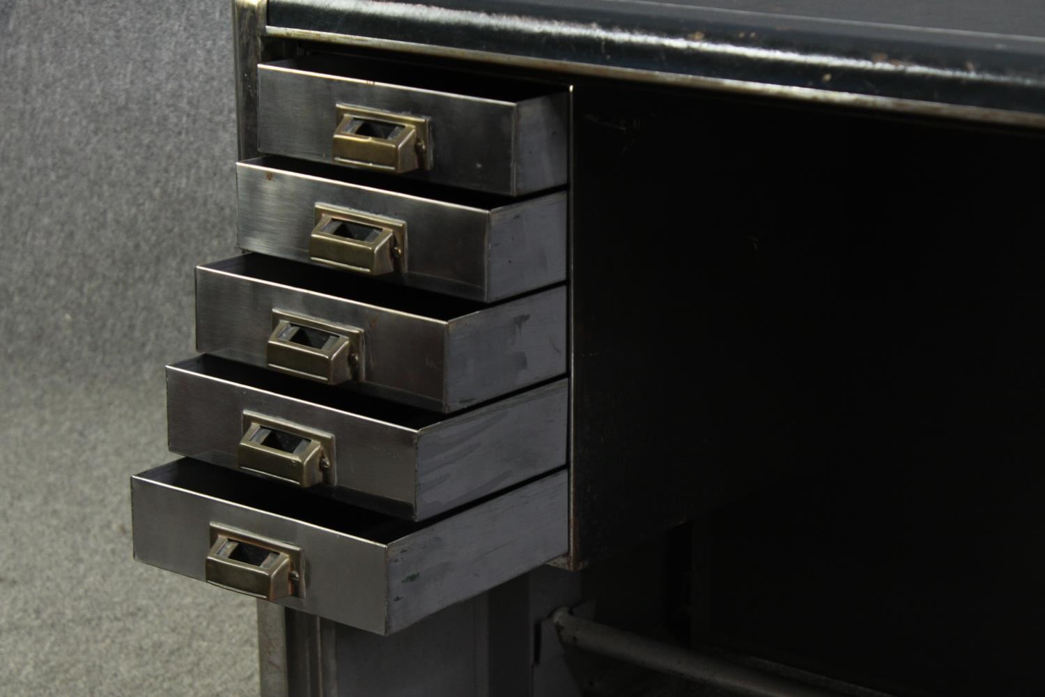 An industrial steel and leather desk by Harvey Milner, H.72 W.121 D.62cm. - Image 8 of 11